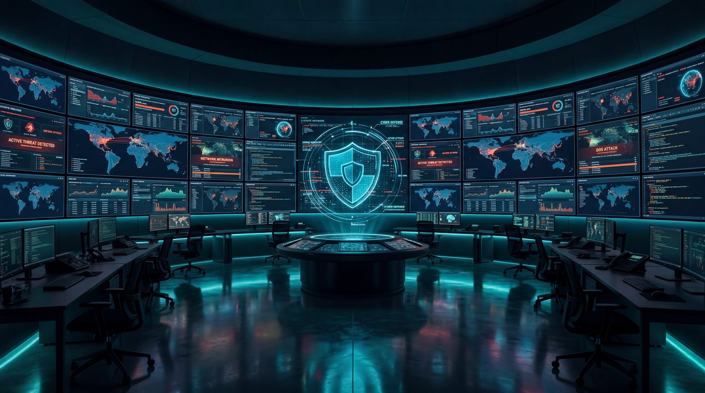 Cybersecurity operations center with threat monitoring screens