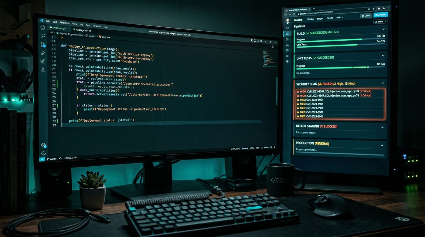 DevSecOps pipeline with code, security, and deployment stages