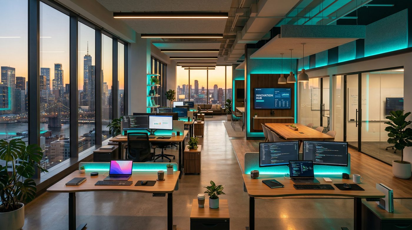 Technology professionals collaborating in a modern workspace